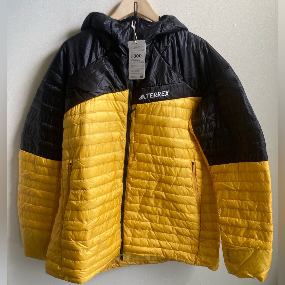 New! Adidas Originals Terrex Techrock Down Hooded Jacket Mens M 2XL Yellow Black - Picture 1 of 8